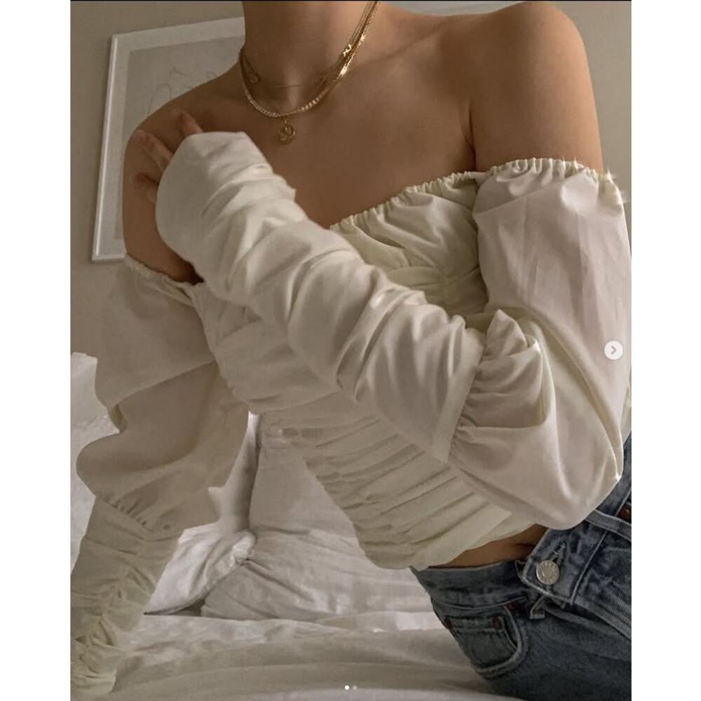 Danielle Guizio Ruched Off White Top Off Shoulder Fairy Victorian Bridgerton Lgr